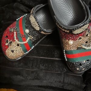 Embellished Slip-On Shoes with Red and Green Stripes